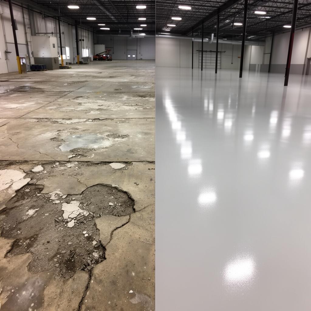 Before and after epoxy flooring upgrade in an industrial facility