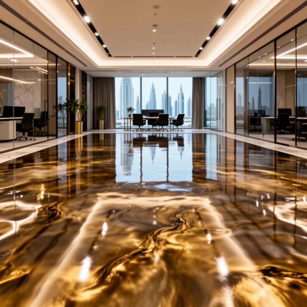 Premium metallic epoxy resin finish in a luxury commercial interior