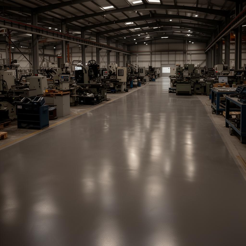 Industrial epoxy flooring installed in a factory space